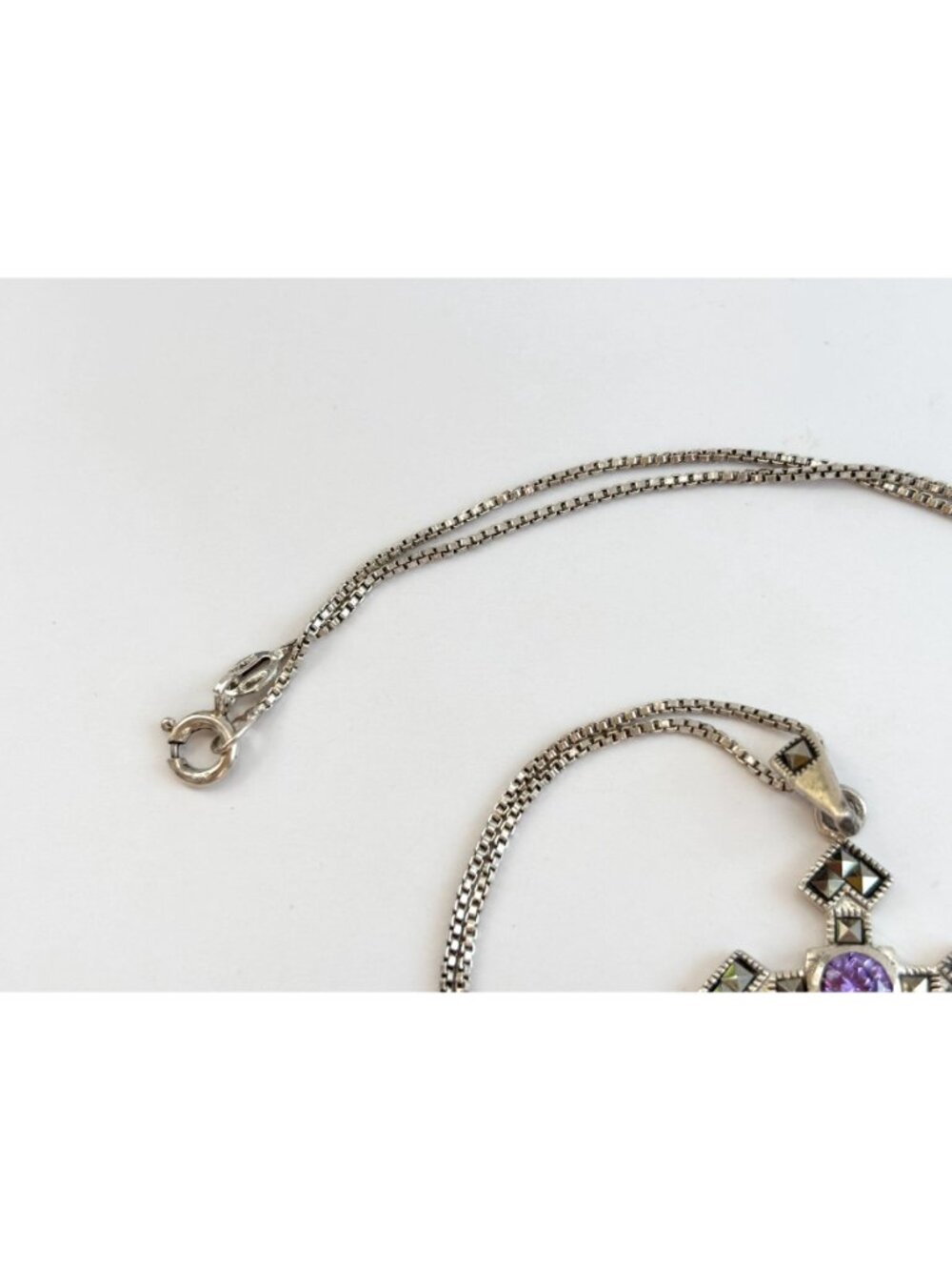 Art Deco Amethyst & Marcasite Sterling Silver 925 Vintage Pendant Necklace - 20" - Picture 9 of 16